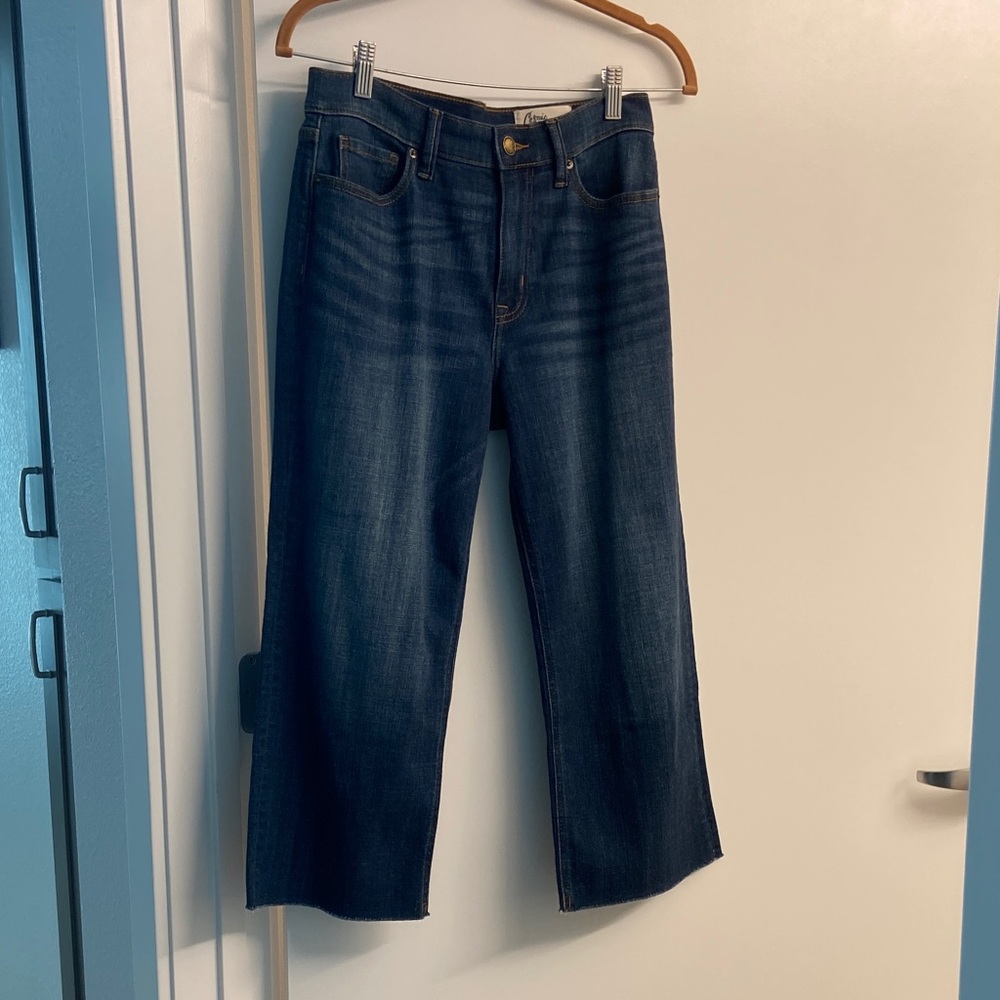 Cosmic Blue Love fray bottom Dark Blue wide leg cropped petite Jeans